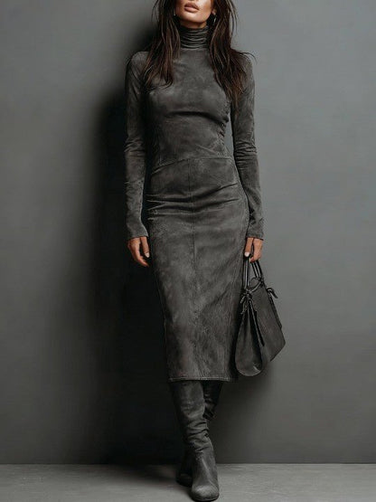 Louisa suede-look roll neck maxi dress in dark grey
