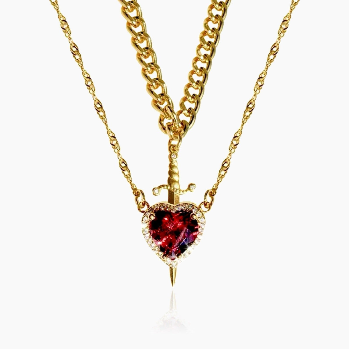 Lucy heart and sword double necklace set in gold