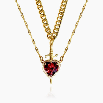 Lucy heart and sword double necklace set in gold