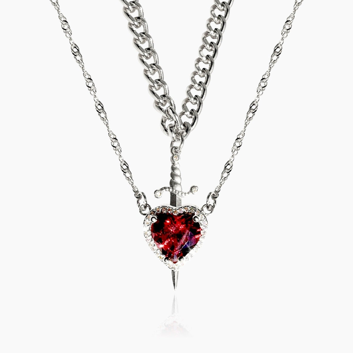 Lucy heart and sword double necklace set in silver