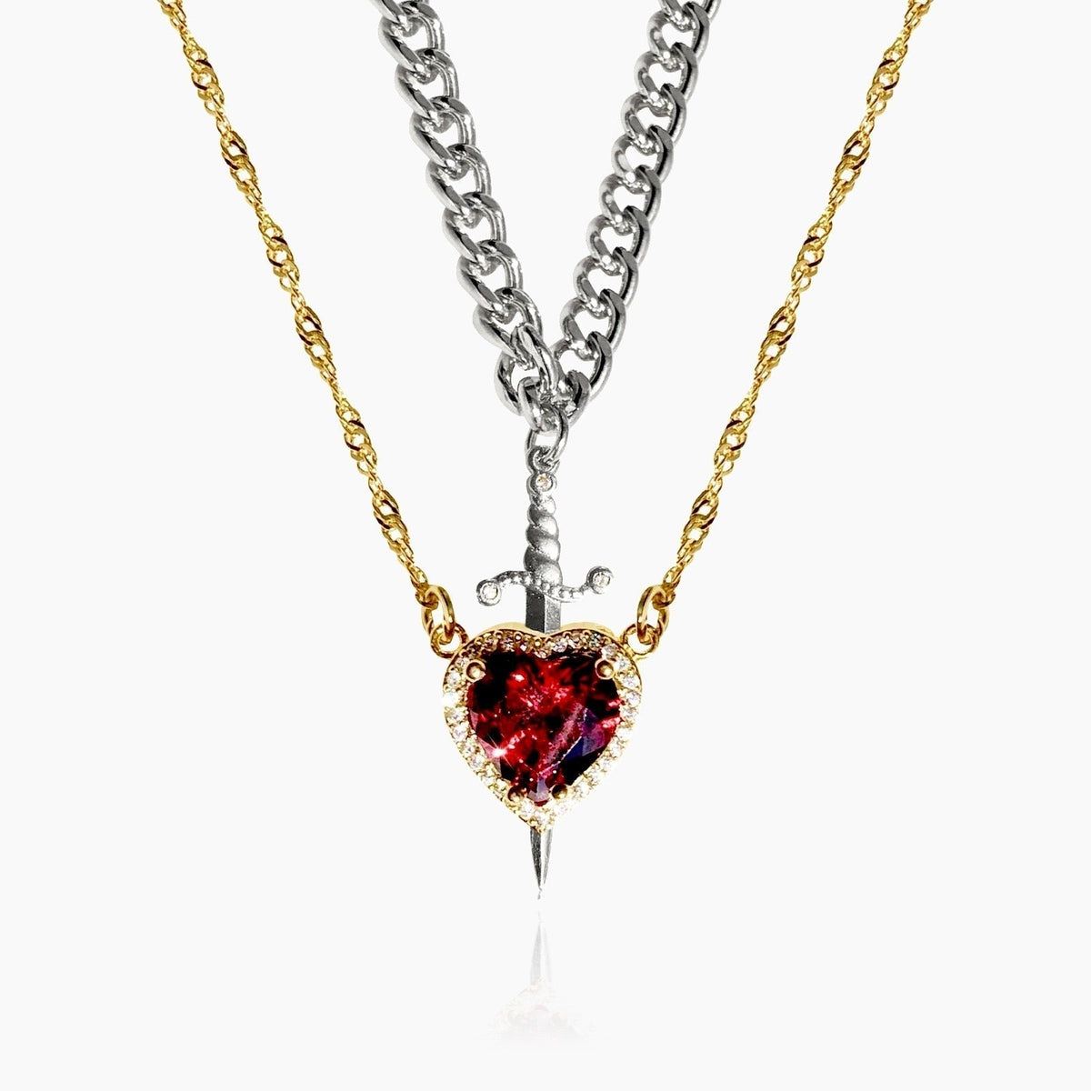 Lucy heart and sword double necklace set in rose gold & silver