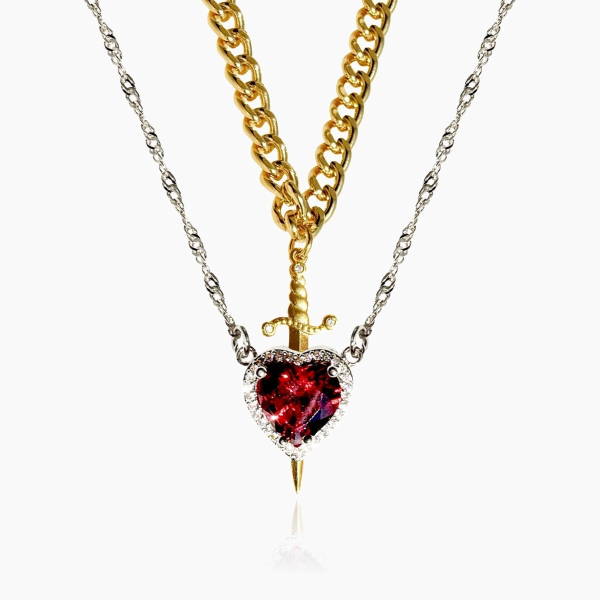 Lucy heart and sword double necklace set in pink silver & white gold