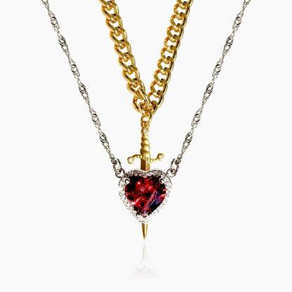 Lucy heart and sword double necklace set in pink silver & white gold