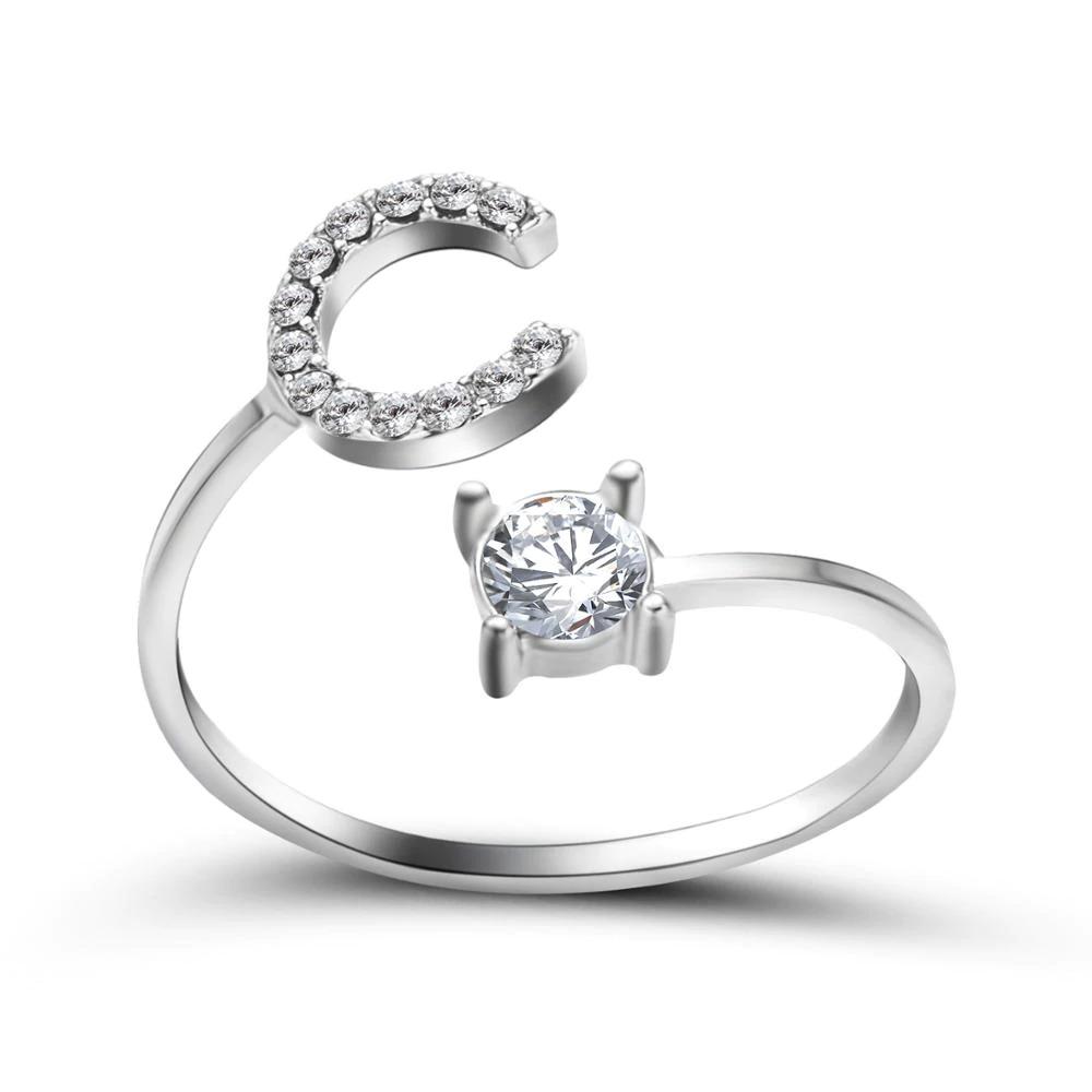Madeline adjustable open initial ring with cubic zirconia