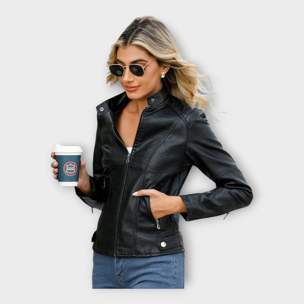 Vasilisa | Chaqueta Efecto Piel Entallada con Cuello Mao