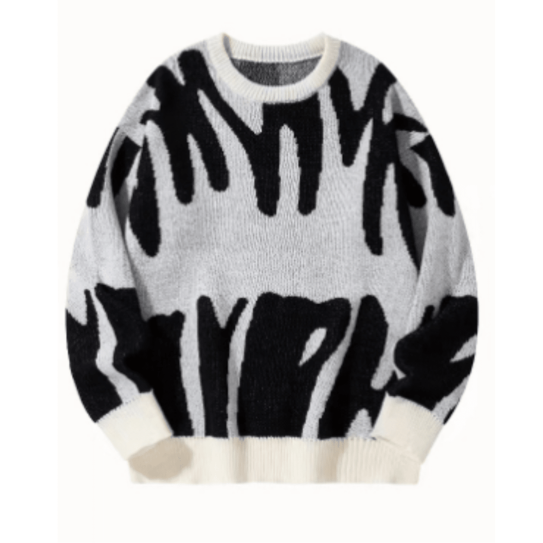 Malthe | Oversized Grafisk Striktrøje - StilfulltMen's sweatersHvidSMalthe | Oversized Grafisk Striktrøje