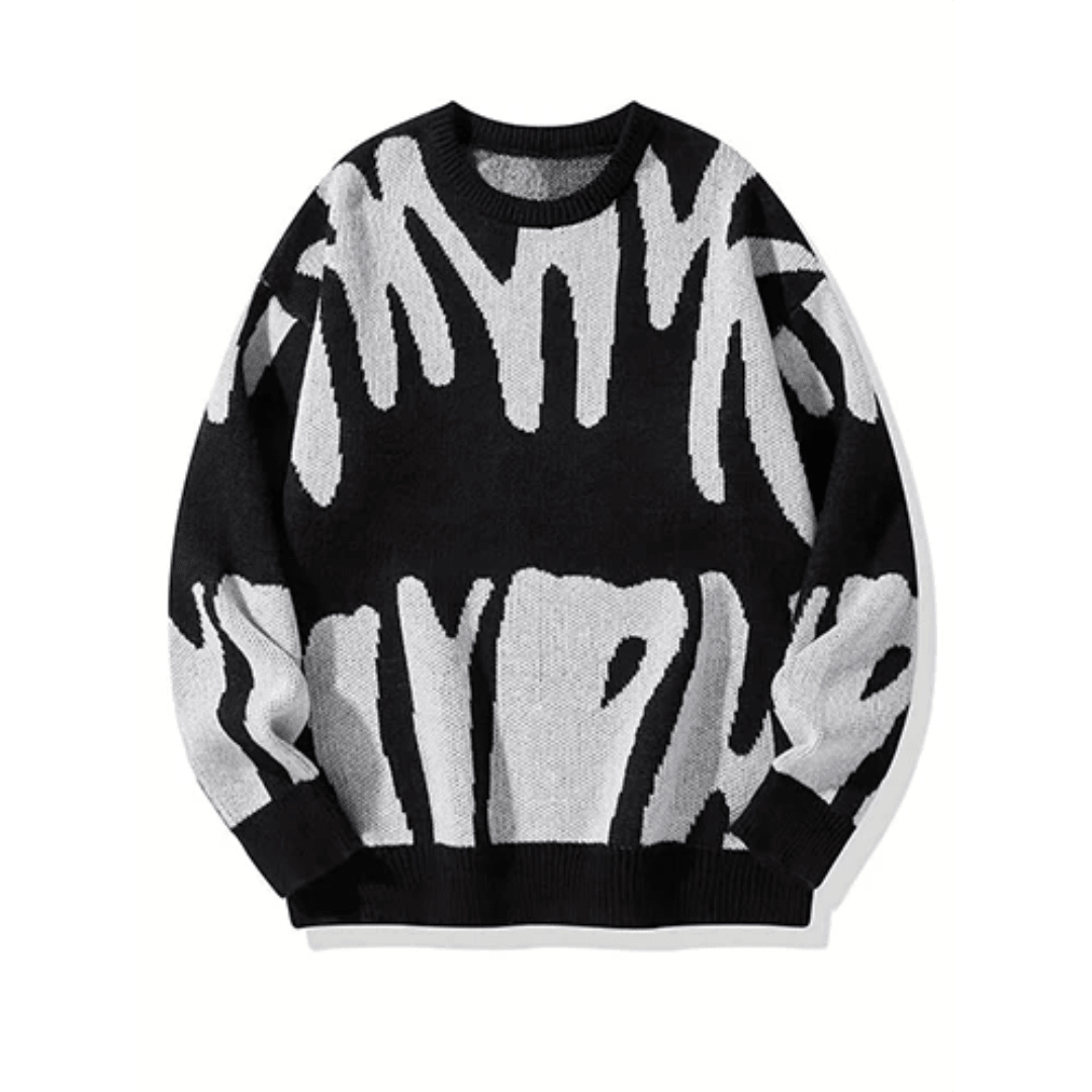 Malthe | Oversized Grafisk Striktrøje - StilfulltMen's sweatersSortSMalthe | Oversized Grafisk Striktrøje