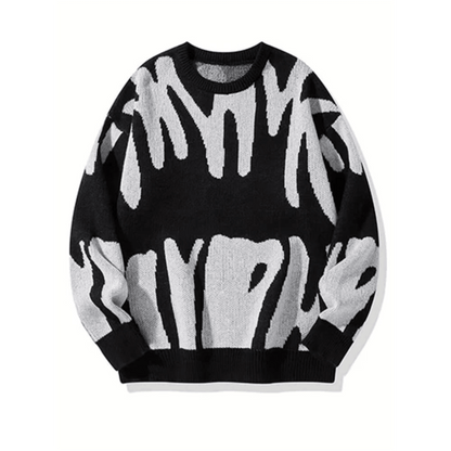 Malthe | Oversized Grafisk Striktrøje - StilfulltMen's sweatersSortSMalthe | Oversized Grafisk Striktrøje