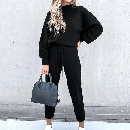 Marjorie soft knit roll neck jumper and trousers set in black
