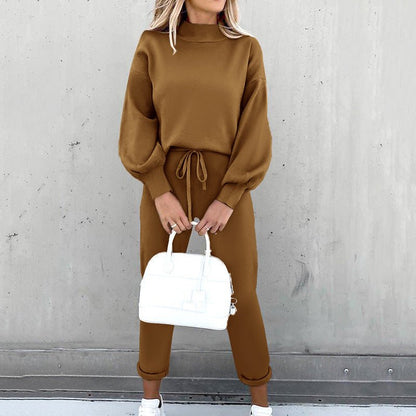 Marjorie soft knit roll neck jumper and trousers set in brown