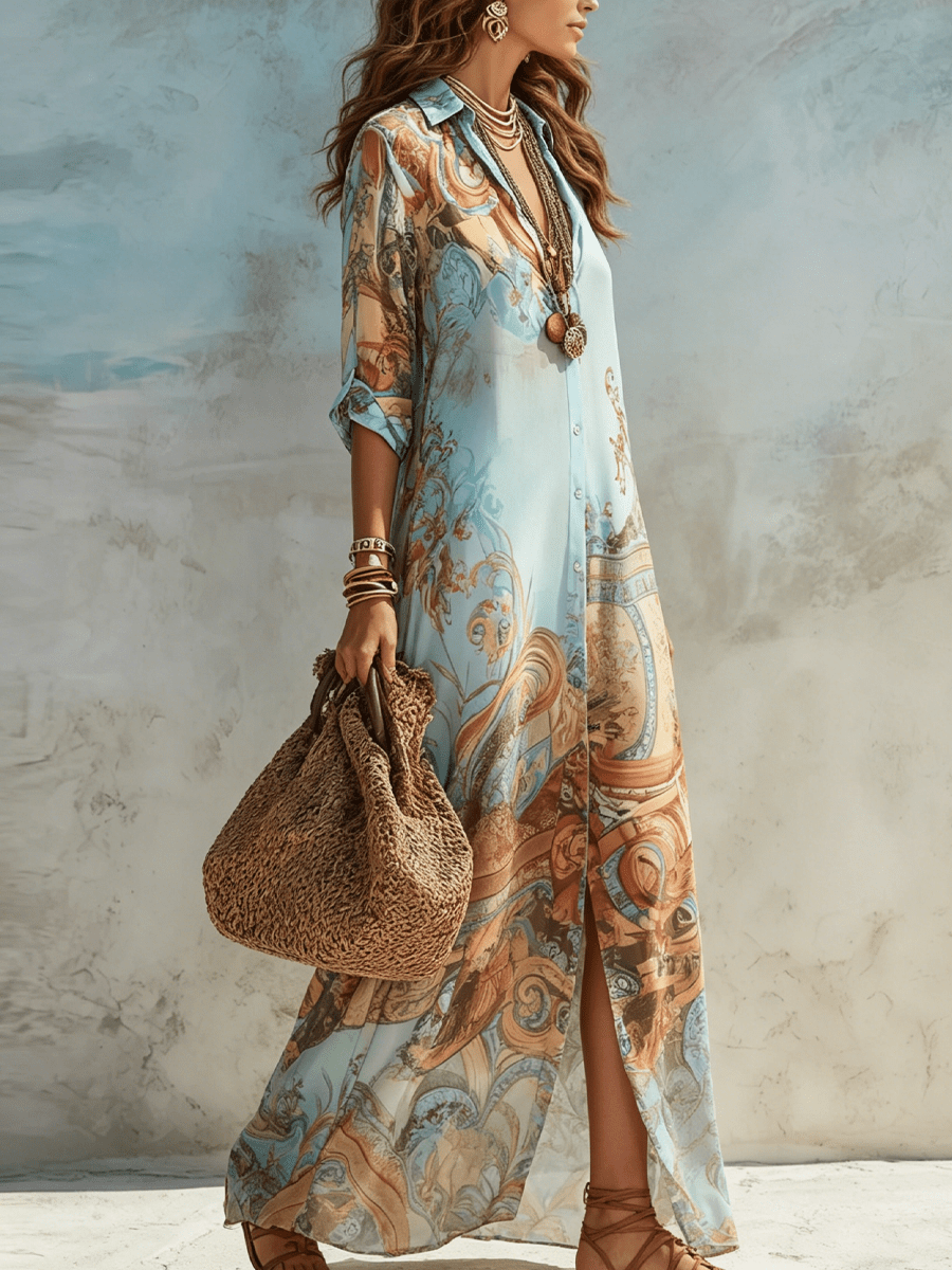 Marlowe | Vestido Camisero Midi de Gasa Estampada - StilfulltdressGLZ0730D7CWW_Blue||XS||YUXSMarlowe | Vestido Camisero Midi de Gasa Estampada