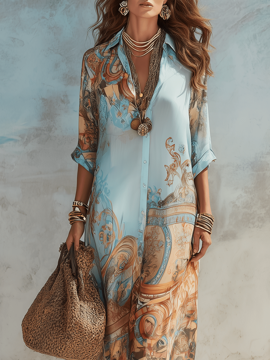 Marlowe | Vestido Camisero Midi de Gasa Estampada - StilfulltdressGLZ0730D7CWW_Blue||XS||YUXSMarlowe | Vestido Camisero Midi de Gasa Estampada