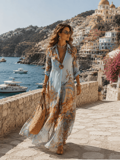 Marlowe | Vestido Camisero Midi de Gasa Estampada - StilfulltdressGLZ0730D7CWW_Blue||XS||YUXSMarlowe | Vestido Camisero Midi de Gasa Estampada