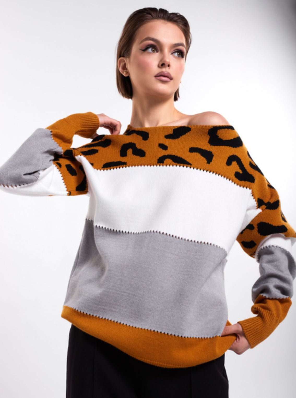 Mette | Blød Colorblock Strikbluse med Leopardmønster - StilfulltWomen's sweatersBrunligS/M/L/XL/2XL/3XLMette | Blød Colorblock Strikbluse med Leopardmønster