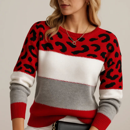 Mette | Blød Colorblock Strikbluse med Leopardmønster - StilfulltWomen's sweatersDWOD4-PD646037RødSMette | Blød Colorblock Strikbluse med Leopardmønster