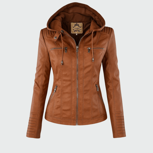 Ondine | Chaqueta Efecto Piel Entallada con Capucha - StilfulltWomen's jacketsJR858025Marrón claroSOndine | Chaqueta Efecto Piel Entallada con Capucha