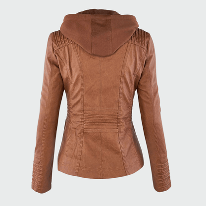 Ondine | Chaqueta Efecto Piel Entallada con Capucha - StilfulltWomen's jacketsJR858014Marrón oscuroSOndine | Chaqueta Efecto Piel Entallada con Capucha