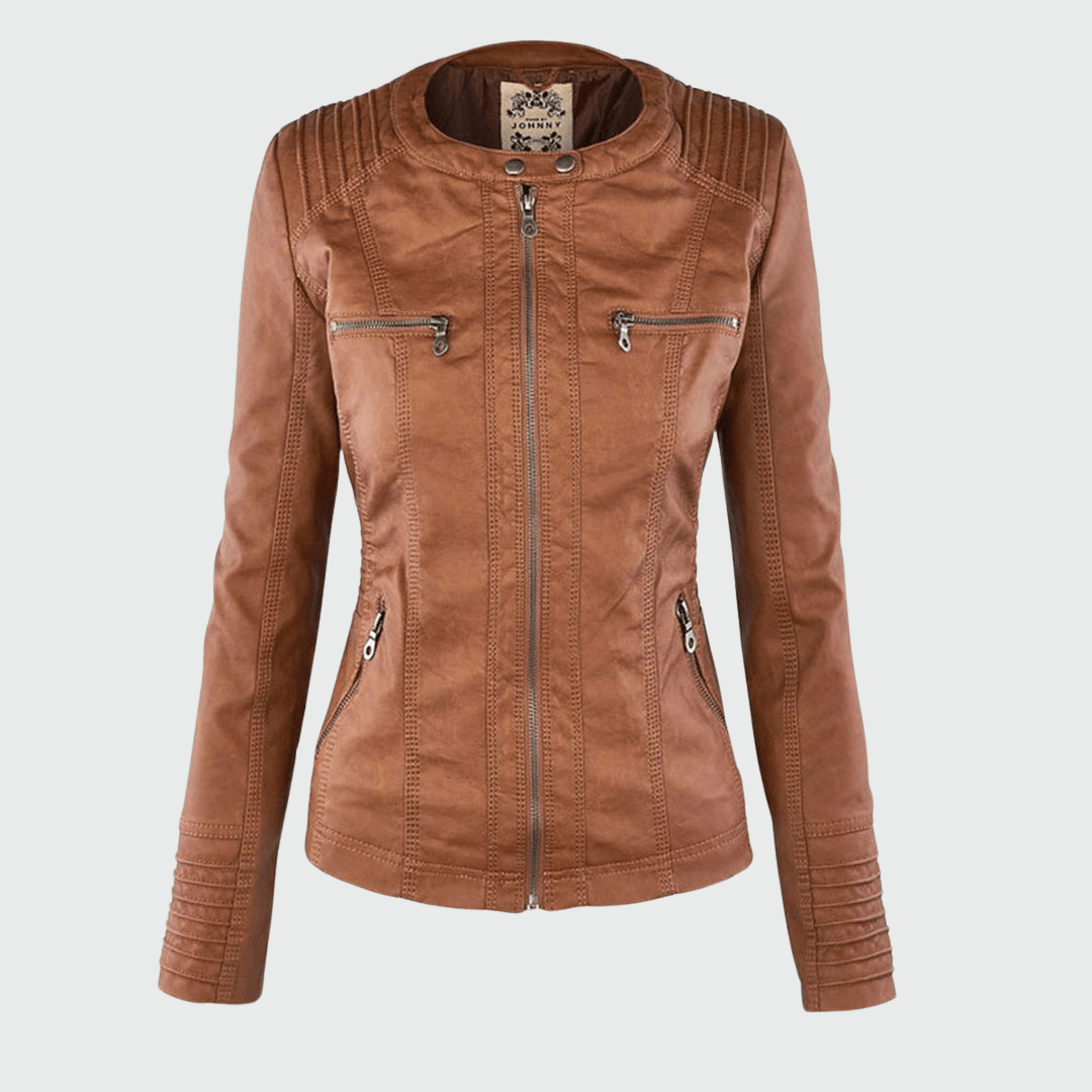 Ondine | Chaqueta Efecto Piel Entallada con Capucha - StilfulltWomen's jacketsJR858014Marrón oscuroSOndine | Chaqueta Efecto Piel Entallada con Capucha