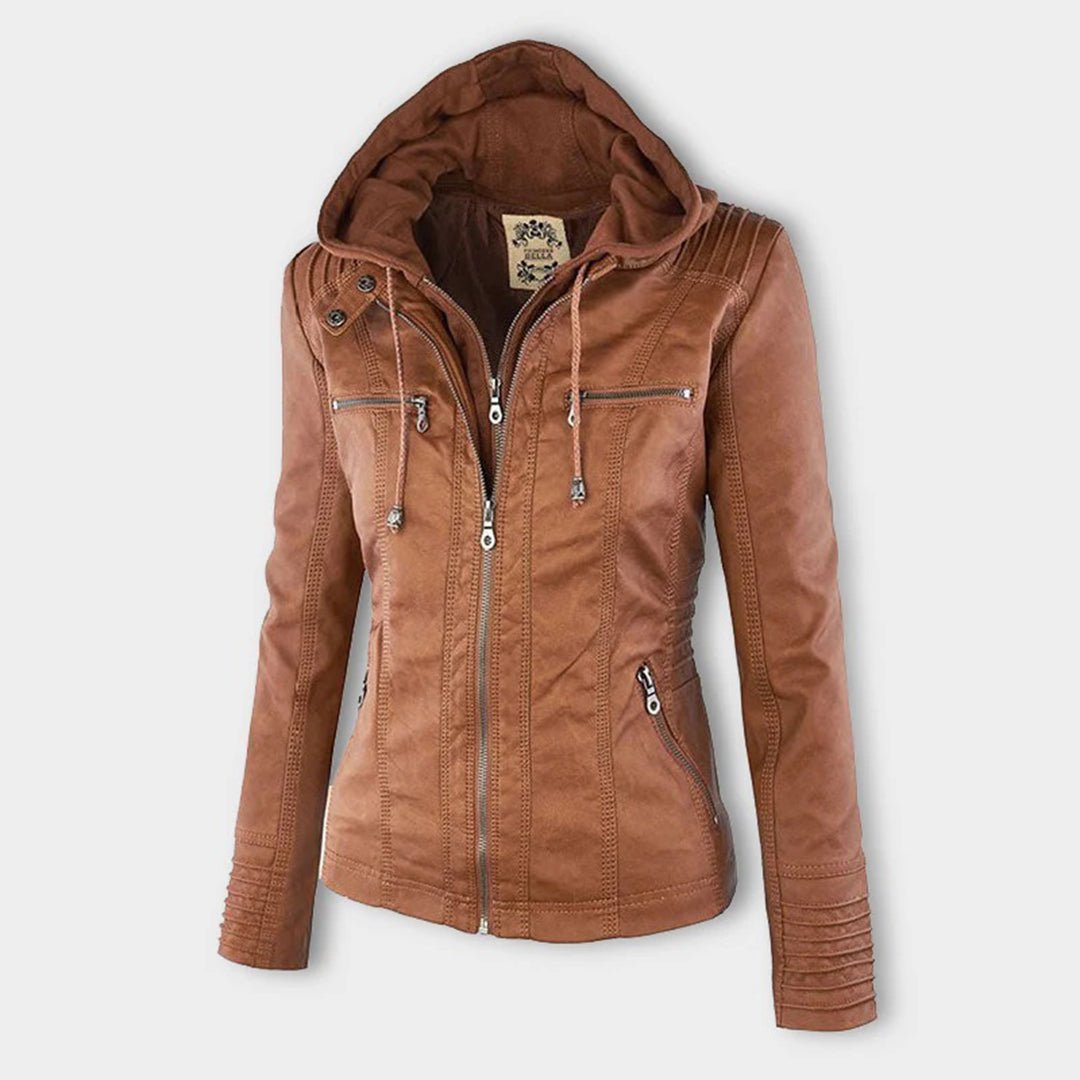 Ondine | Chaqueta Efecto Piel Entallada con Capucha - StilfulltWomen's jacketsJR858014Marrón oscuroSOndine | Chaqueta Efecto Piel Entallada con Capucha
