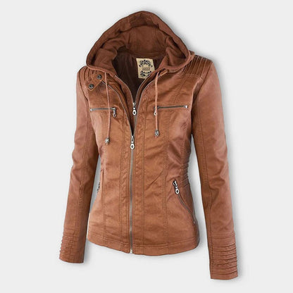 Ondine | Chaqueta Efecto Piel Entallada con Capucha - StilfulltWomen's jacketsJR858014Marrón oscuroSOndine | Chaqueta Efecto Piel Entallada con Capucha