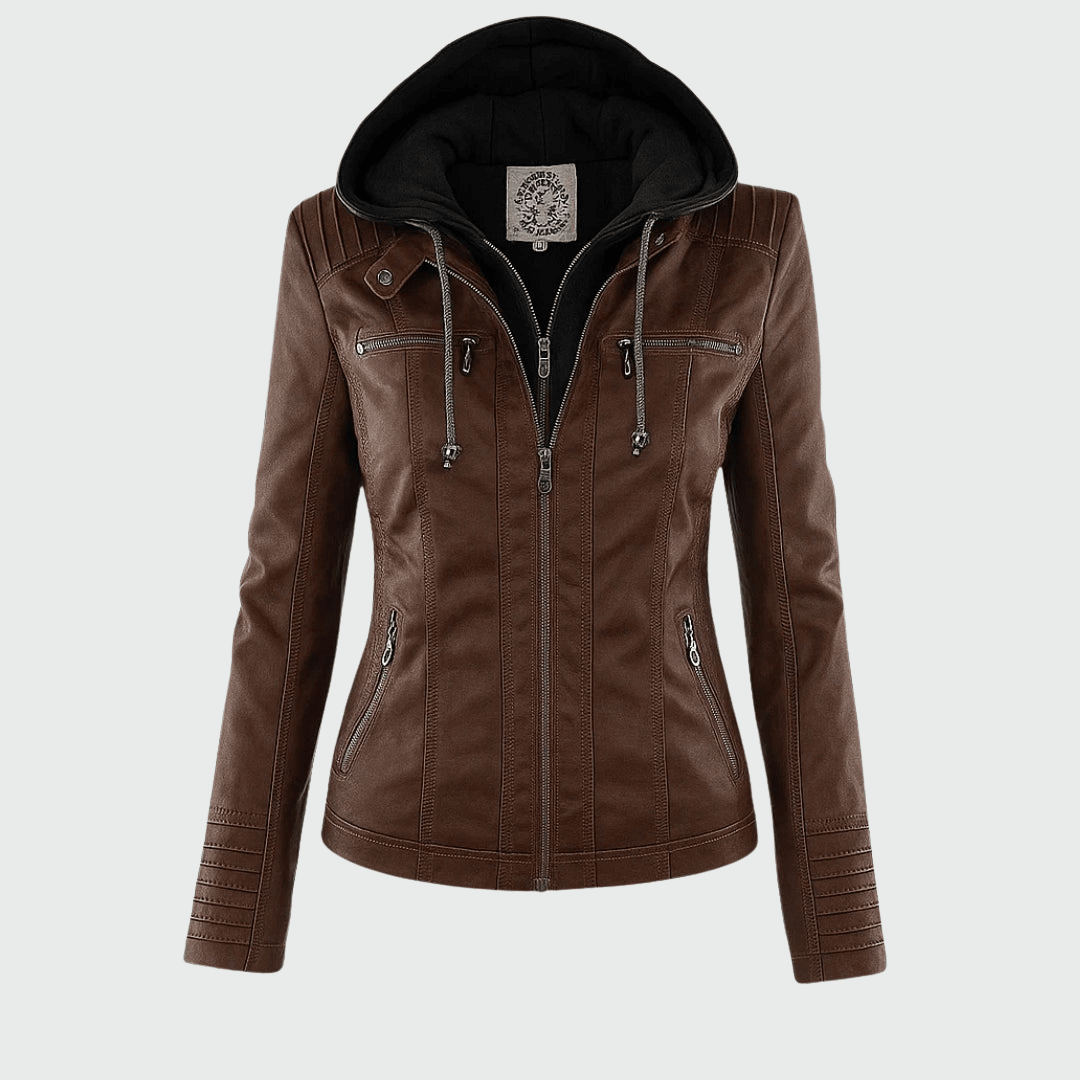 Ondine | Chaqueta Efecto Piel Entallada con Capucha - StilfulltWomen's jacketsJR858014Marrón oscuroSOndine | Chaqueta Efecto Piel Entallada con Capucha