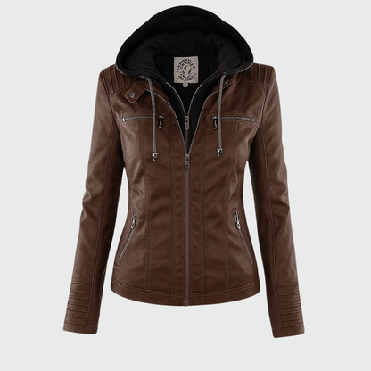 Ondine | Chaqueta Efecto Piel Entallada con Capucha - StilfulltWomen's jacketsJR858014Marrón oscuroSOndine | Chaqueta Efecto Piel Entallada con Capucha