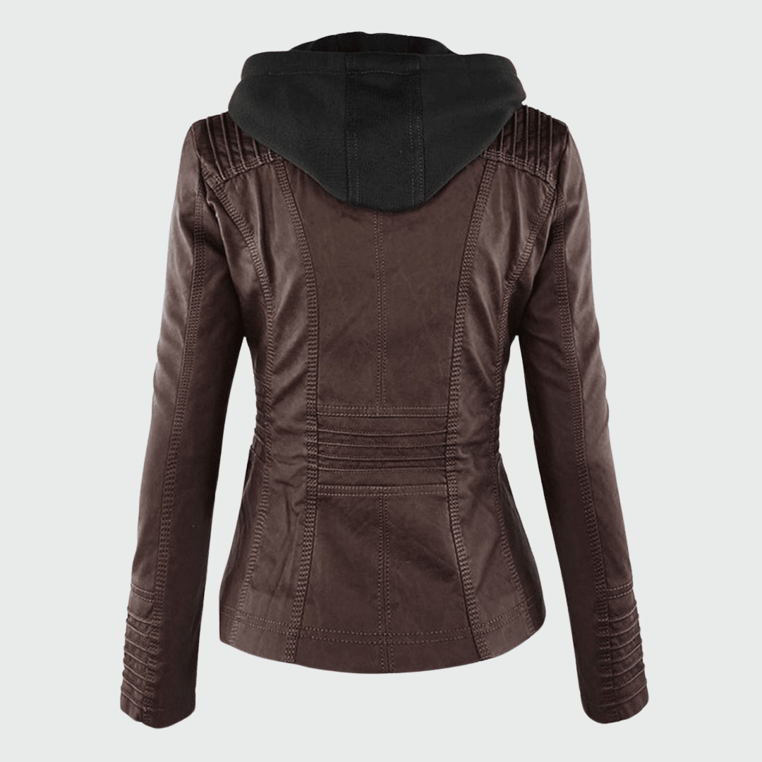 Ondine | Chaqueta Efecto Piel Entallada con Capucha - StilfulltWomen's jacketsJR858014Marrón oscuroSOndine | Chaqueta Efecto Piel Entallada con Capucha