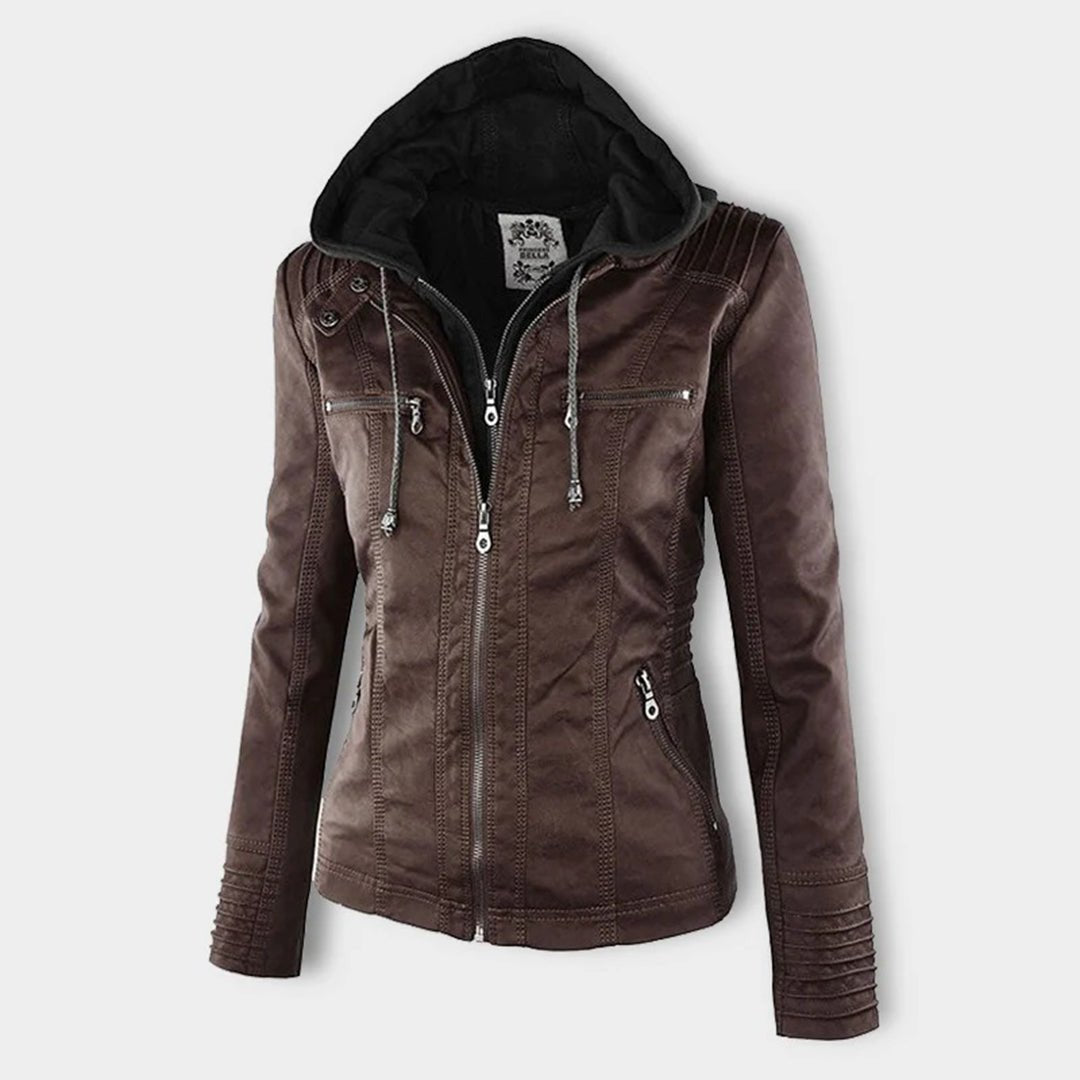 Ondine | Chaqueta Efecto Piel Entallada con Capucha - StilfulltWomen's jacketsJR858014Marrón oscuroSOndine | Chaqueta Efecto Piel Entallada con Capucha