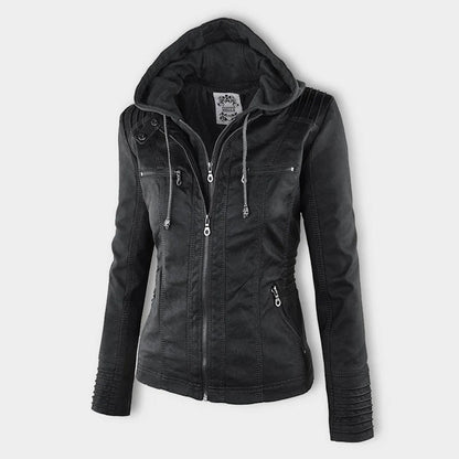 Ondine | Chaqueta Efecto Piel Entallada con Capucha - StilfulltWomen's jacketsJR858014Marrón oscuroSOndine | Chaqueta Efecto Piel Entallada con Capucha