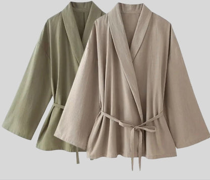 Oriane | Conjunto de Lino con Kimono y Pantalón Ancho - StilfulltWomen's blouses18193977516969VerdeXSOriane | Conjunto de Lino con Kimono y Pantalón Ancho