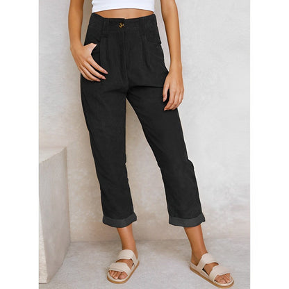 Oriane | Pantalón de Pana Tiro Alto con Pinzas y Bajo Vuelto - StilfulltWomen's pantsNegroSOriane | Pantalón de Pana Tiro Alto con Pinzas y Bajo Vuelto