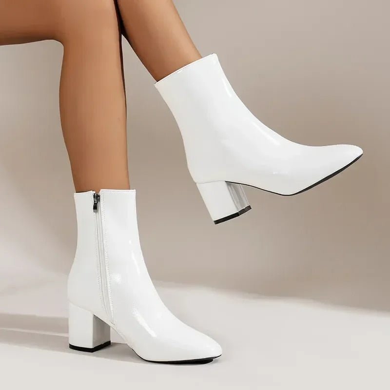 Philippa patent pointed-toe ankle boots with block heel in white