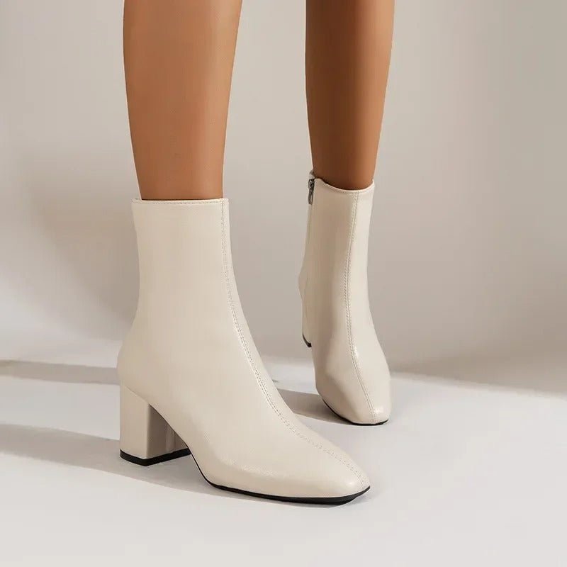Philippa patent pointed-toe ankle boots with block heel in beige