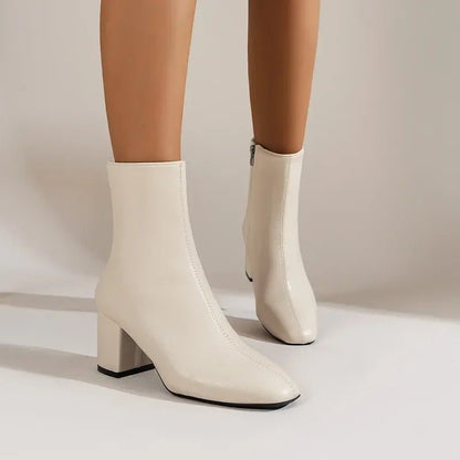 Philippa patent pointed-toe ankle boots with block heel in beige