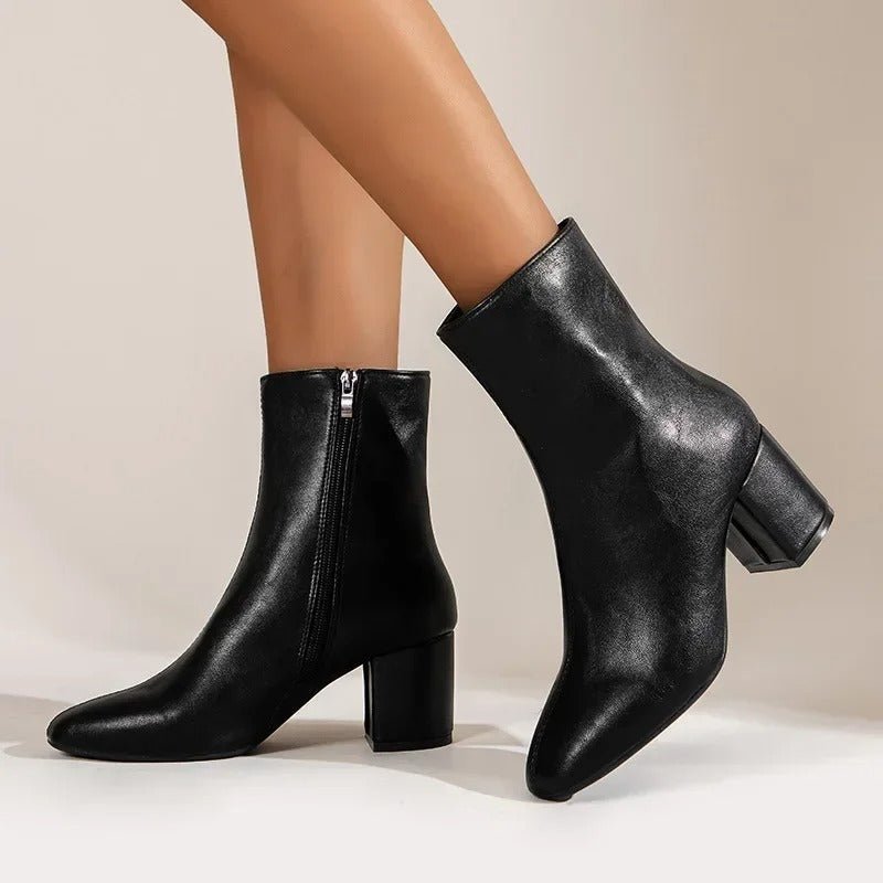 Philippa patent pointed-toe ankle boots with block heel in black