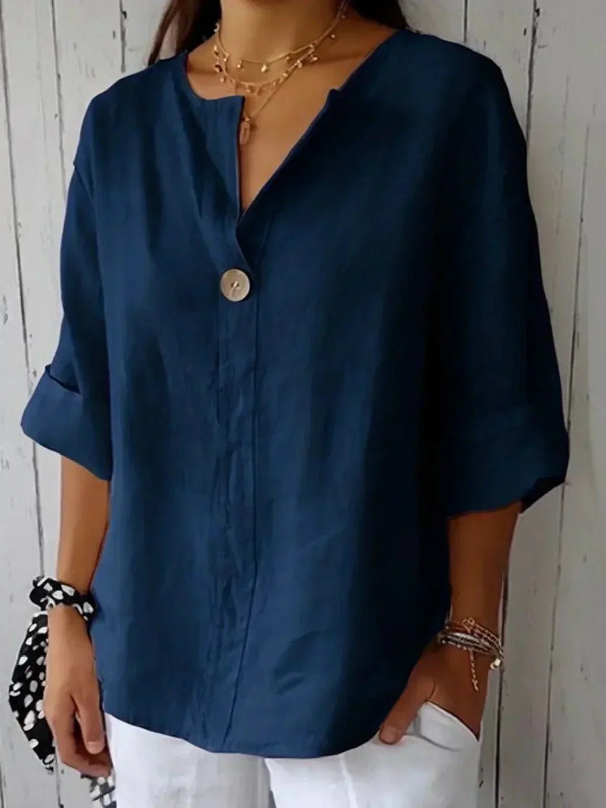 Reeve | Blusa de Lino con Escote en Pico - StilfulltWomen's blousesAzul marinoSReeve | Blusa de Lino con Escote en Pico