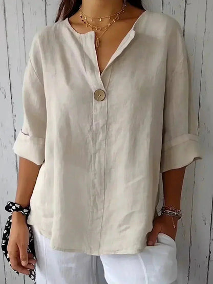 Reeve | Blusa de Lino con Escote en Pico - StilfulltWomen's blousesBeigeSReeve | Blusa de Lino con Escote en Pico