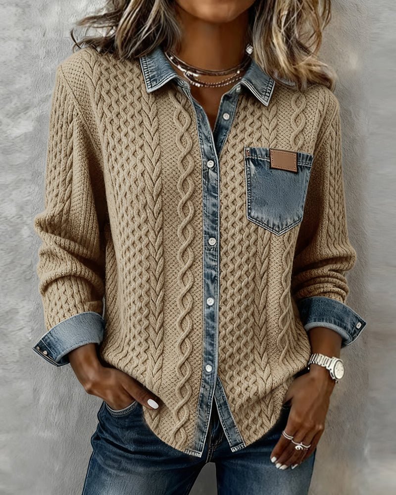 Rikke | Blød Kabelstrikket Skjorte med Denimdetaljer - StilfulltWomen's blousesDWOD9-FZ085007KhakiSRikke | Blød Kabelstrikket Skjorte med Denimdetaljer