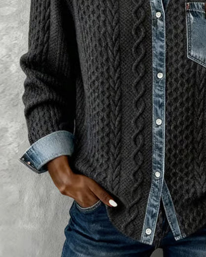 Rikke | Blød Kabelstrikket Skjorte med Denimdetaljer - StilfulltWomen's blousesDWOD9-FZ085019MørkeblåSRikke | Blød Kabelstrikket Skjorte med Denimdetaljer