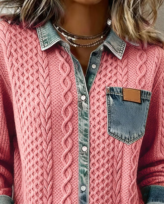 Rikke | Blød Kabelstrikket Skjorte med Denimdetaljer - StilfulltWomen's blousesDWOD9-FZ085001MørkegråSRikke | Blød Kabelstrikket Skjorte med Denimdetaljer