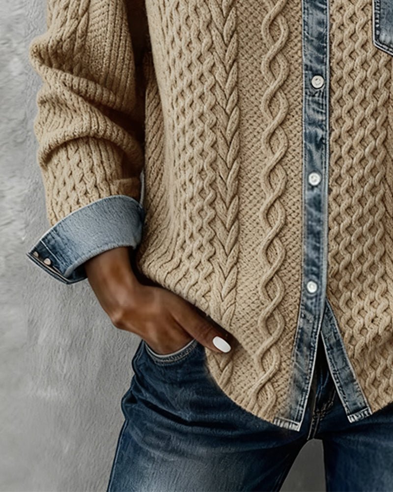 Rikke | Blød Kabelstrikket Skjorte med Denimdetaljer - StilfulltWomen's blousesDWOD9-FZ085001MørkegråSRikke | Blød Kabelstrikket Skjorte med Denimdetaljer