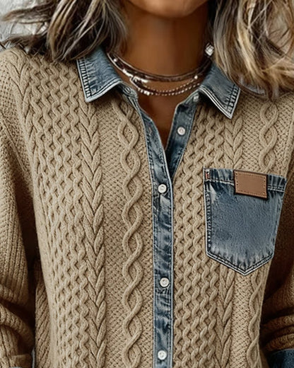 Rikke | Blød Kabelstrikket Skjorte med Denimdetaljer - StilfulltWomen's blousesDWOD9-FZ085001MørkegråSRikke | Blød Kabelstrikket Skjorte med Denimdetaljer