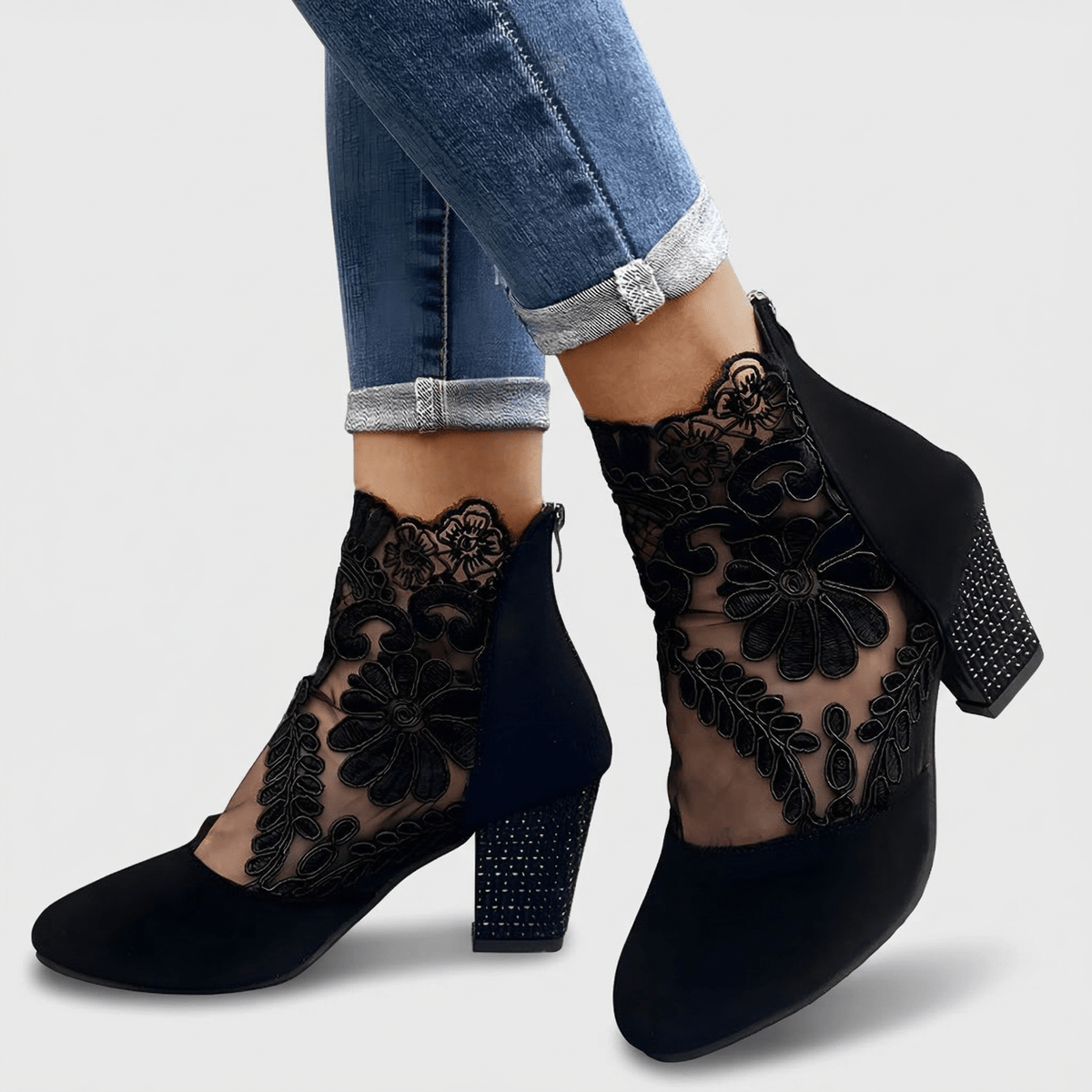 Rosalind | Botines de Encaje Floral con Tacón Ancho - StilfulltWomen's shoesNegro35Rosalind | Botines de Encaje Floral con Tacón Ancho