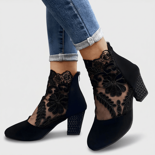 Rosalind | Botines de Encaje Floral con Tacón Ancho - StilfulltWomen's shoesNegro35Rosalind | Botines de Encaje Floral con Tacón Ancho