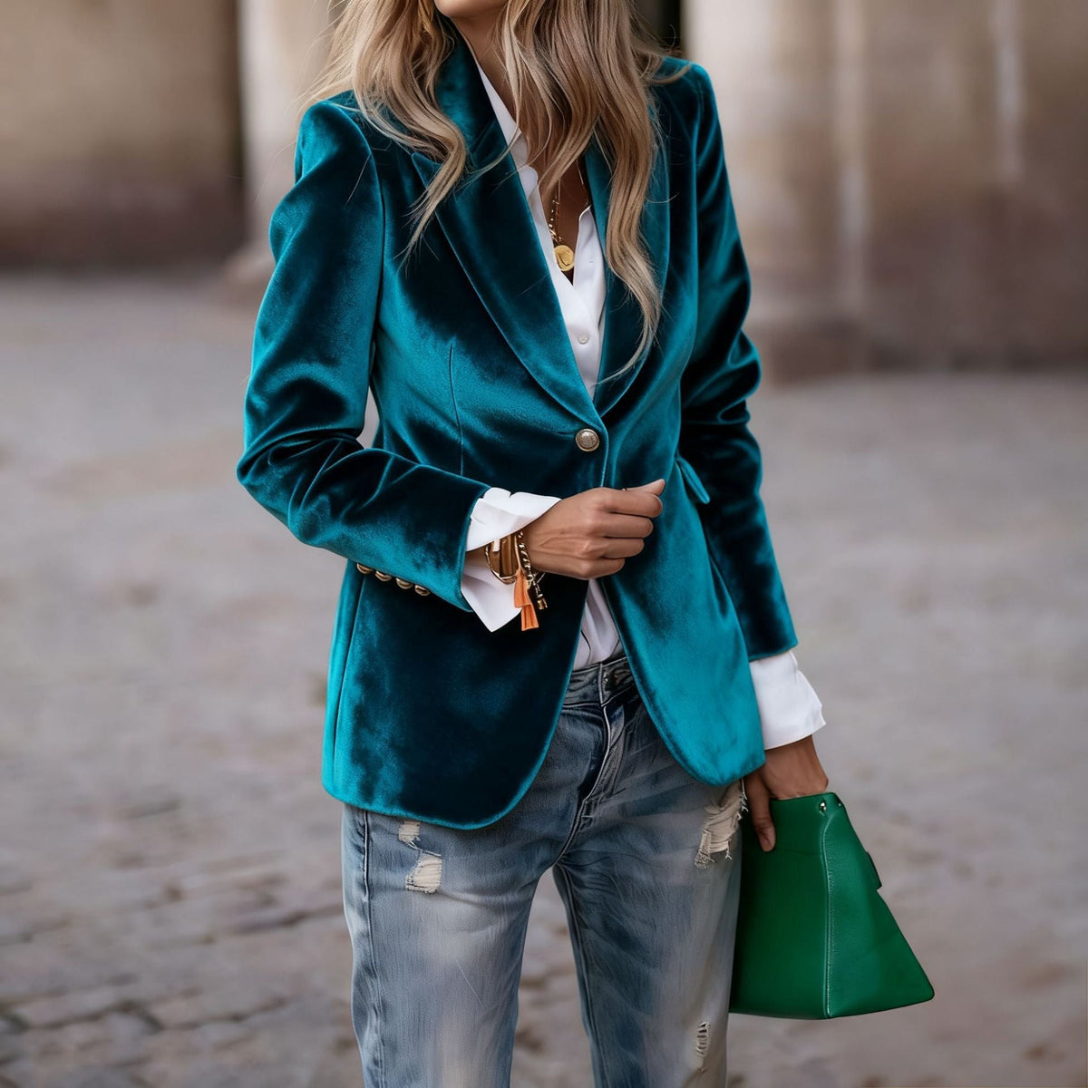 Séraphine | Blazer de Terciopelo Entallado - StilfulltWomen's jacketsAzul pavo realSSéraphine | Blazer de Terciopelo Entallado