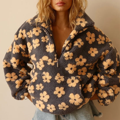 Solveig | Sudadera Oversize de Borreguito Floral con Media Cremallera - StilfulltWomen's sweatersAmarilloSSolveig | Sudadera Oversize de Borreguito Floral con Media Cremallera