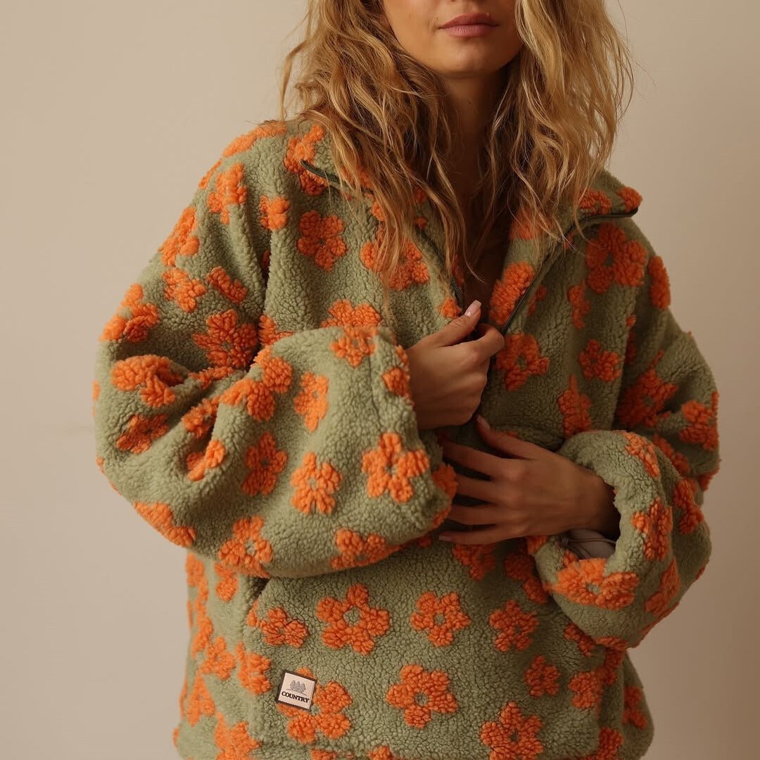 Solveig | Sudadera Oversize de Borreguito Floral con Media Cremallera - StilfulltWomen's sweatersMarrónSSolveig | Sudadera Oversize de Borreguito Floral con Media Cremallera