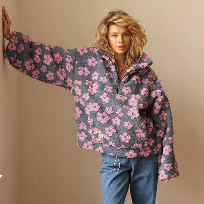 Solveig | Sudadera Oversize de Borreguito Floral con Media Cremallera - StilfulltWomen's sweatersRosaSSolveig | Sudadera Oversize de Borreguito Floral con Media Cremallera