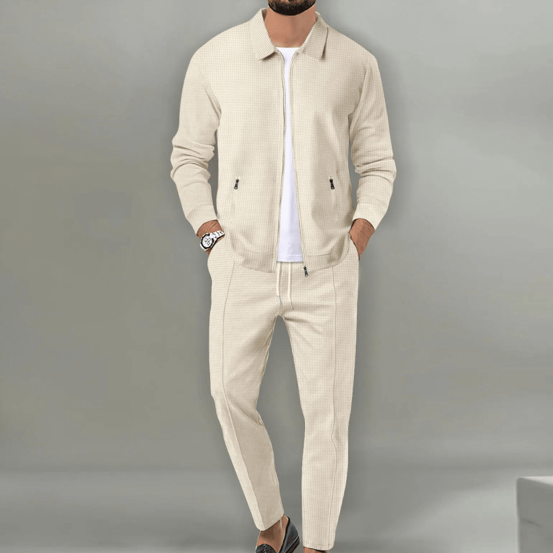 Spencer men's textured zip jacket and trousers set in beige