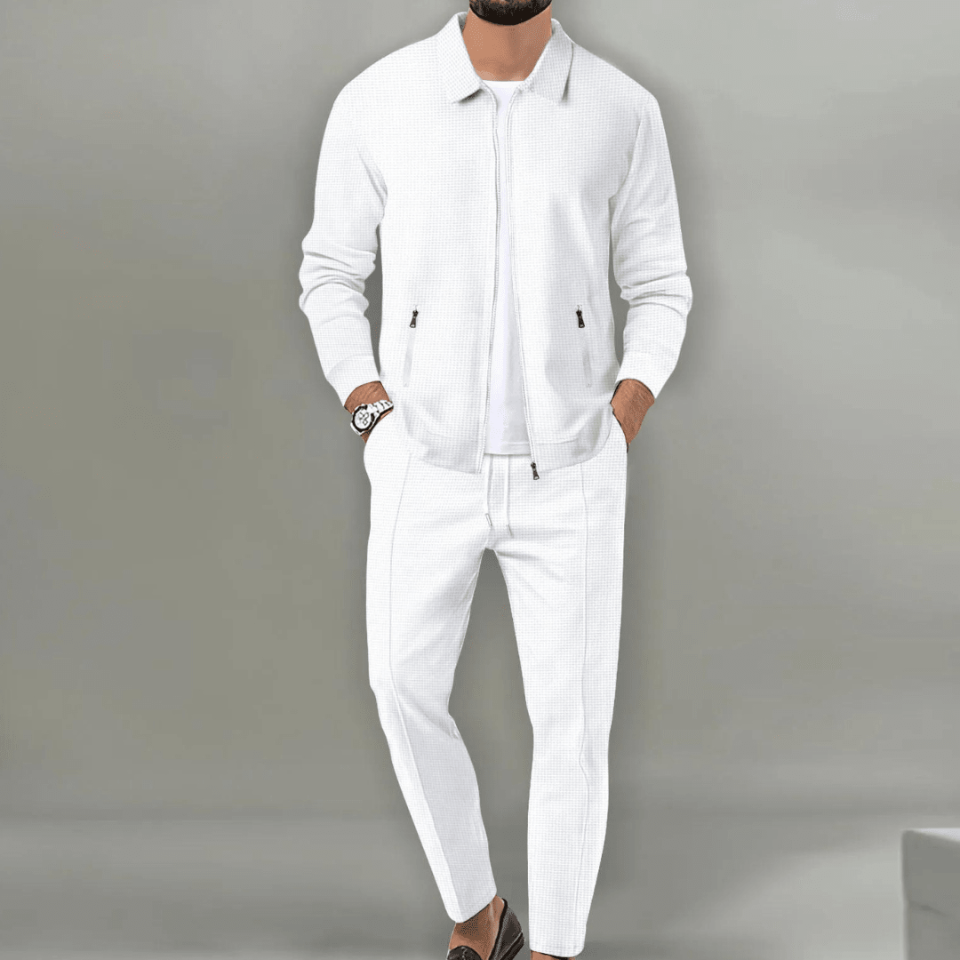 Spencer men's textured zip jacket and trousers set in white